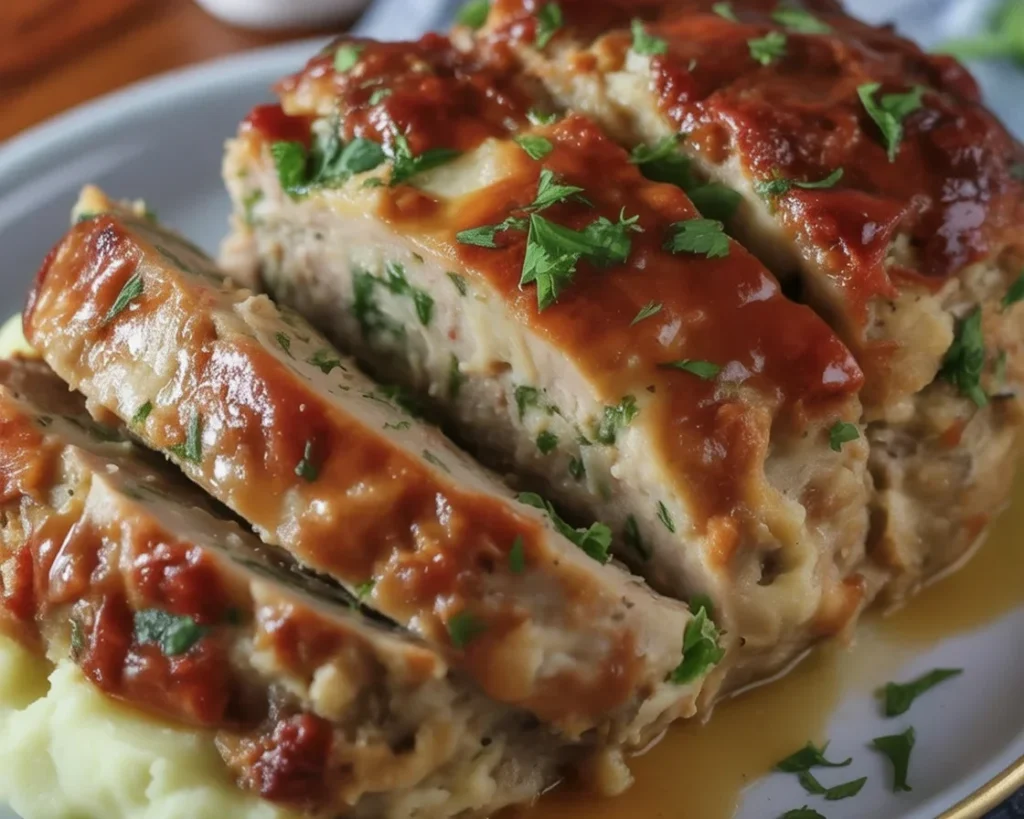 Deliciously tender Garlic Parmesan Chicken Meatloaf with a crispy crust and savory flavor