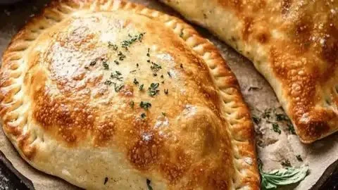 Homemade calzones filled with cheese and vegetables on a wooden table