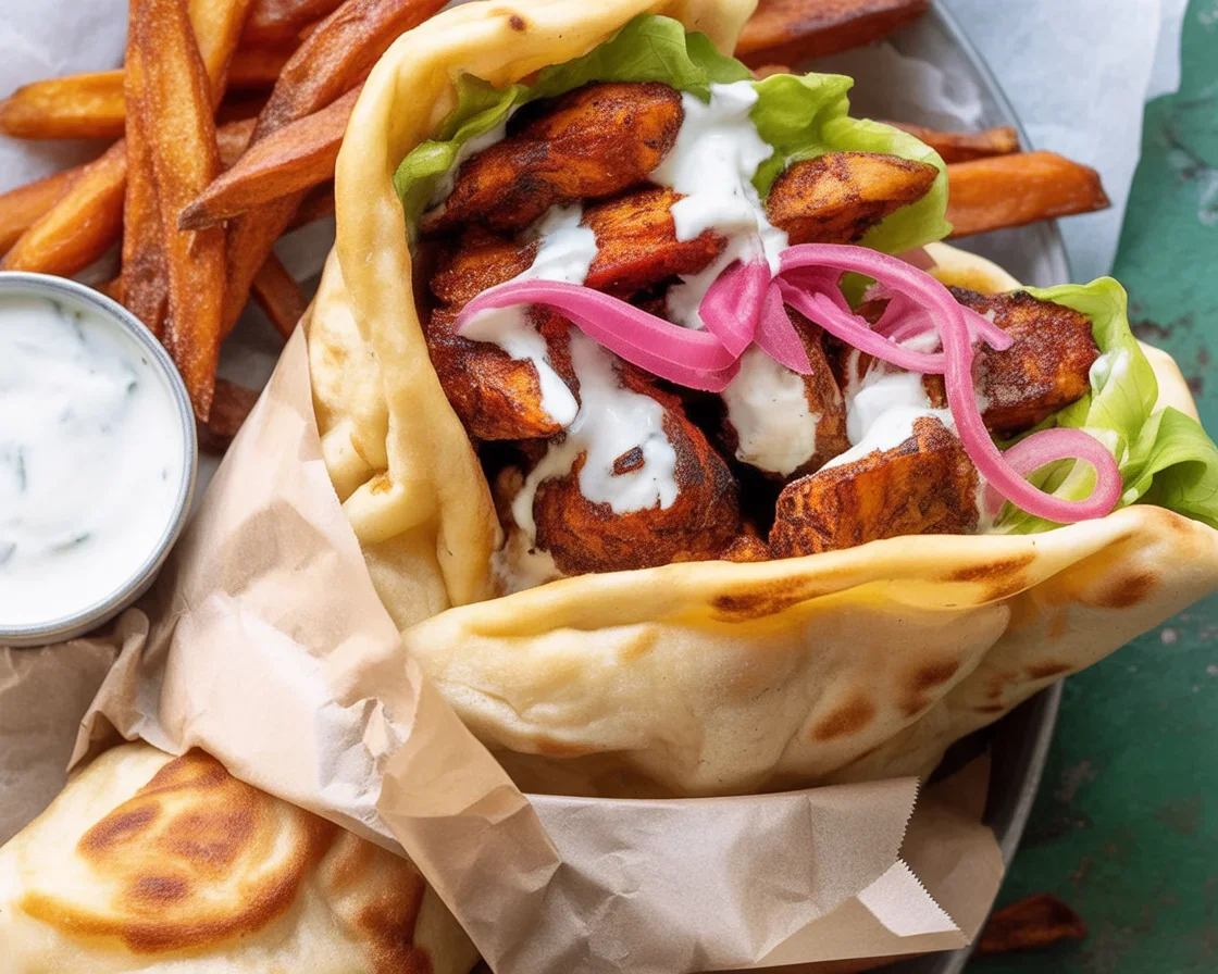 Mediterranean Chicken Gyros with Creamy Feta Tzatziki served on a plate.