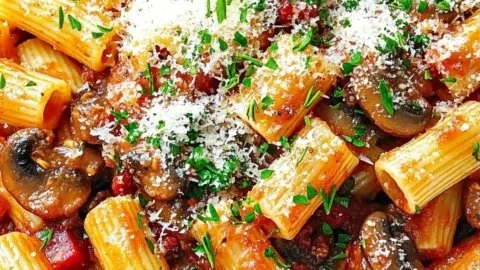 Savory rigatoni pasta with mushrooms and rosemary parmesan on a plate