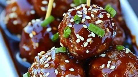 Savory sesame meatballs served with a side of dipping sauce and garnished.