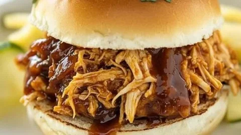 Delicious shredded BBQ chicken burger served with fresh toppings