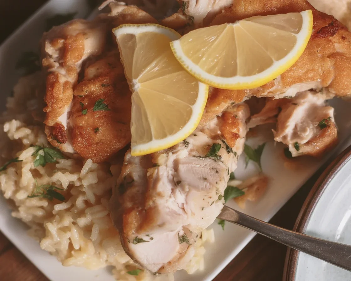 Slow Cooker Lemon Herb Chicken served with Fluffy Rice in a cozy setting.