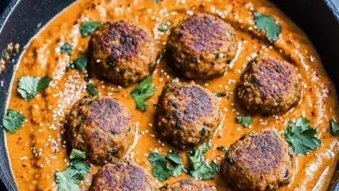 Delicious bowl of vegan malai kofta served with fresh herbs