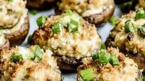 Scallion jalapeño popper stuffed mushrooms on a serving platter