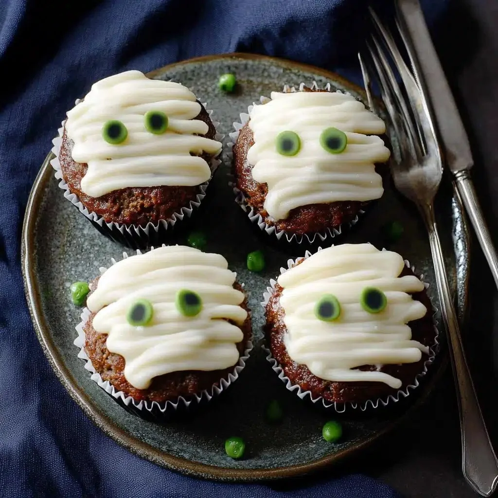 Halloween meatloaf cupcakes with ghost mashed potatoes served on a plate