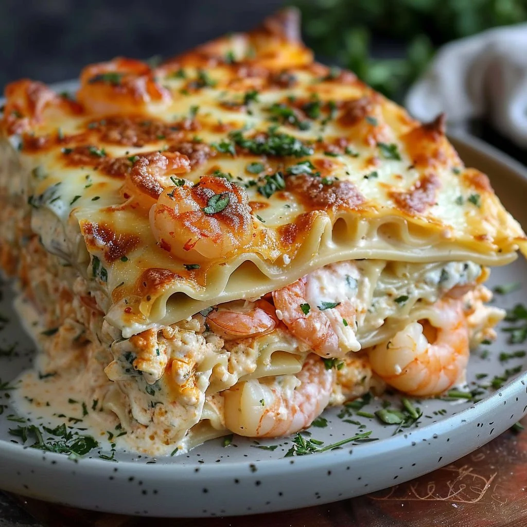 Delicious seafood lasagna with layers of shrimp, scallops, and creamy sauce