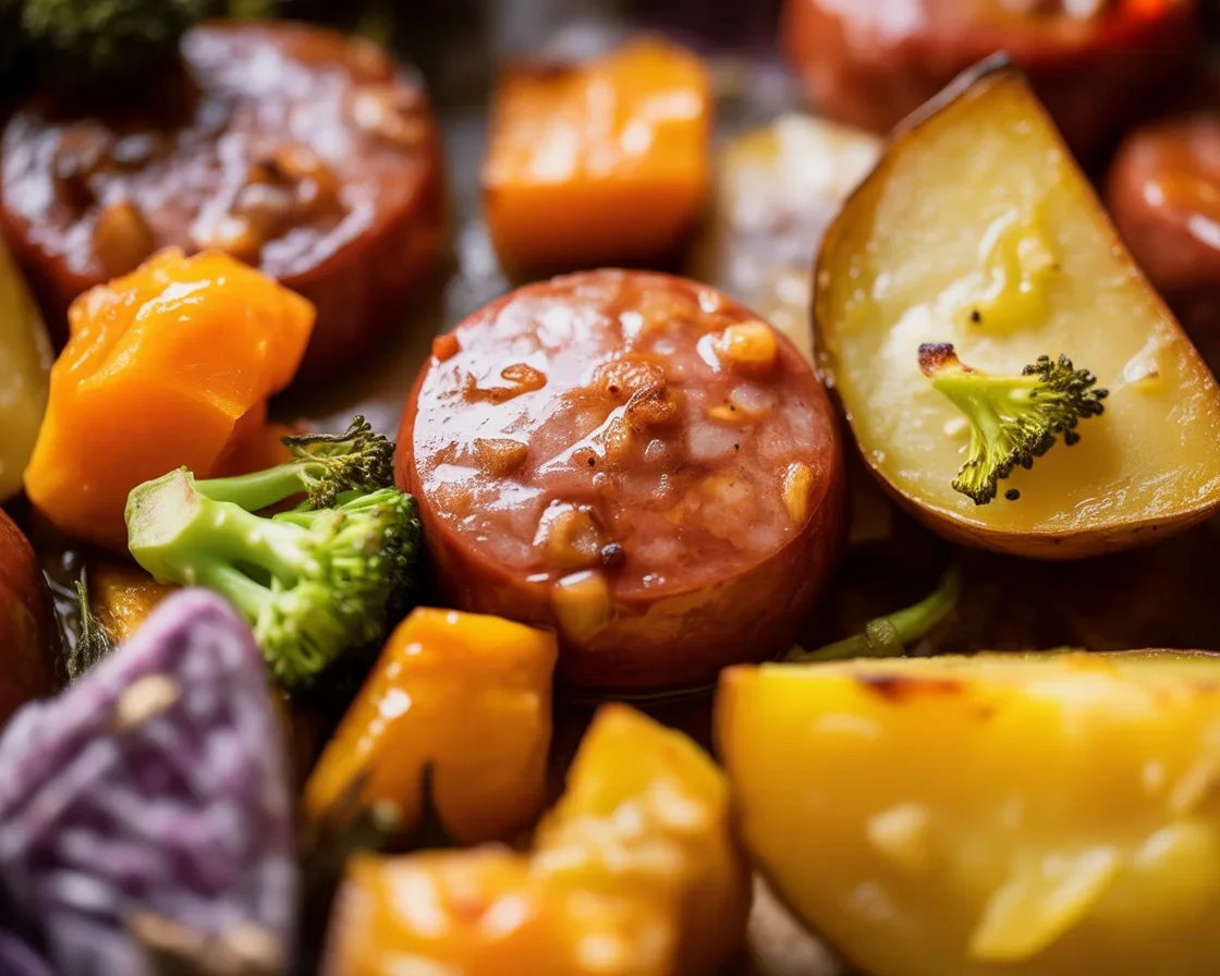 Honey Garlic Sausage with roasted sweet potatoes on a sheet pan.