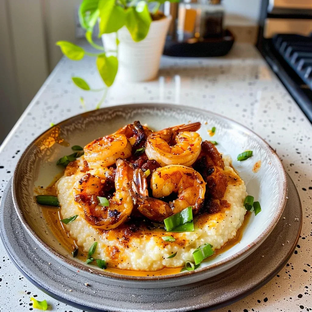 Delicious plate of shrimp and grits garnished with herbs