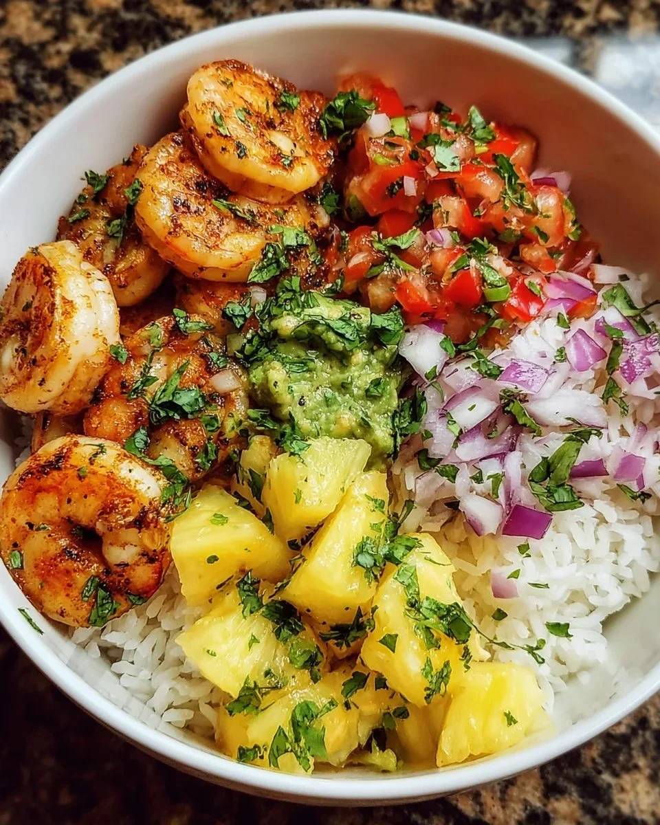 Shrimp rice bowl topped with vibrant pineapple salsa for a fresh and tasty meal.