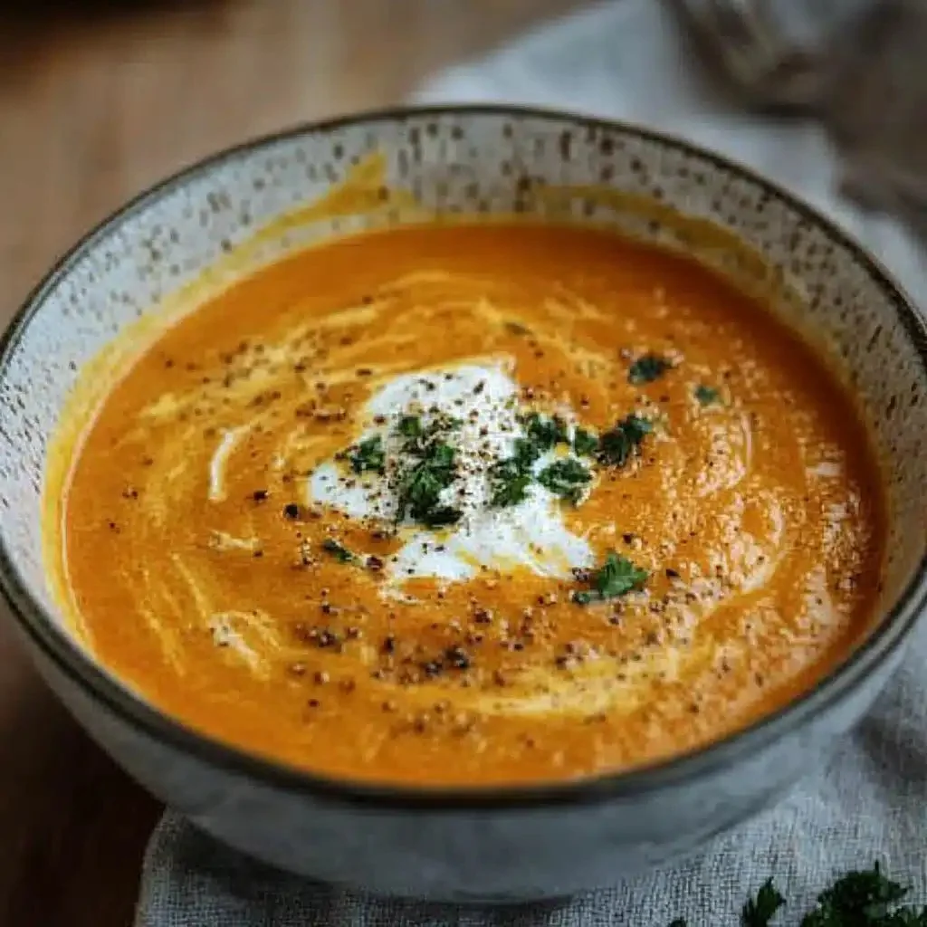 Bowl of silky roasted carrot soup garnished with fresh herbs