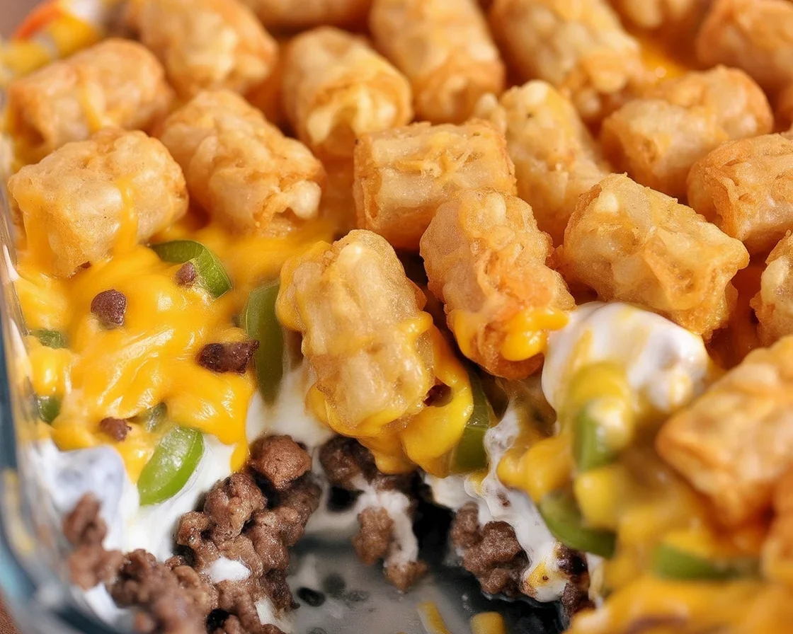 Delicious Tater Tot Casserole topped with crispy tater tots and melted cheese