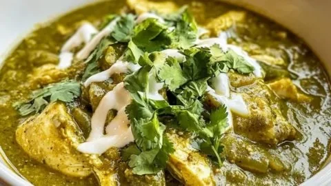 Delicious bowl of simple chicken green chili topped with fresh herbs.