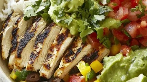 Simple grilled chicken burrito bowl with fresh vegetables and rice