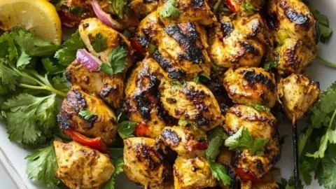 Delicious Moroccan chicken skewers on a grill with vibrant spices and vegetables