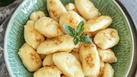 Plate of simple Polish lazy pierogi garnished with herbs and served with sour cream