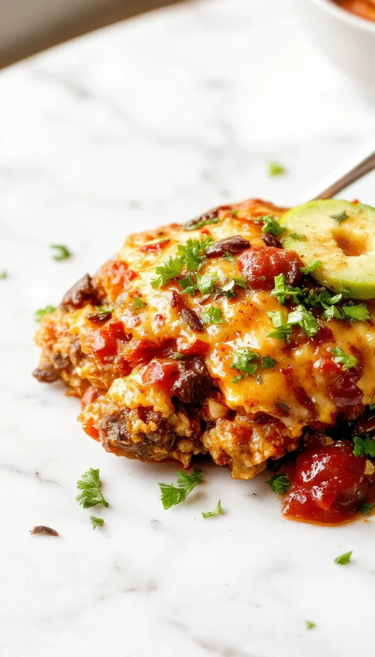 Delicious slow cooker taco casserole served in a bowl with toppings on the side.