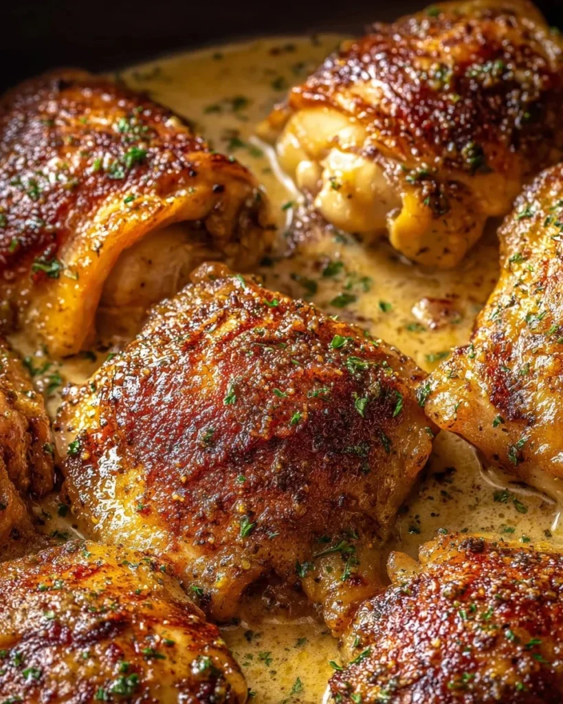 Smothered Skillet Chicken Cajun served in a black skillet with fresh herbs