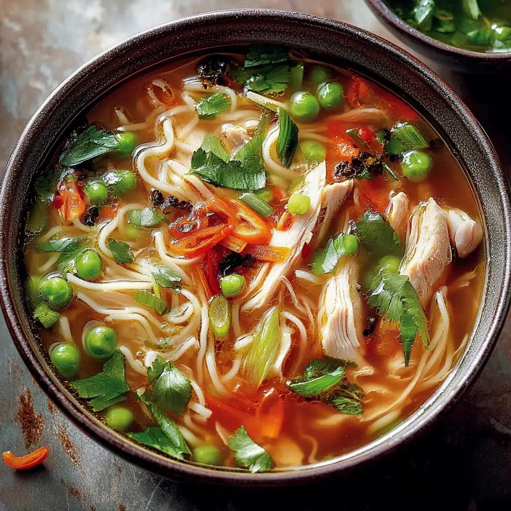 Bowl of soothing gingery chicken noodle soup garnished with herbs