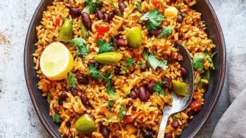 Bowl of Spanish Rice and Beans, a delicious one-pot meal.