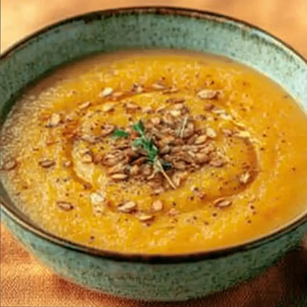 Bowl of spiced roasted parsnip soup topped with herbs and spices