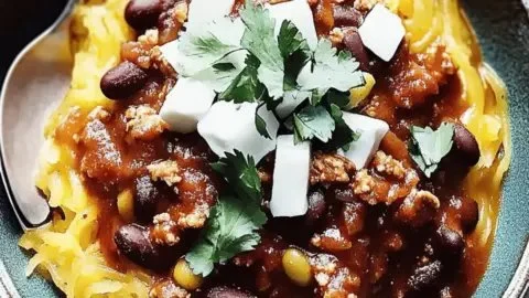 Bowl of Spiced Turkey Chili served with roasted spaghetti squash.