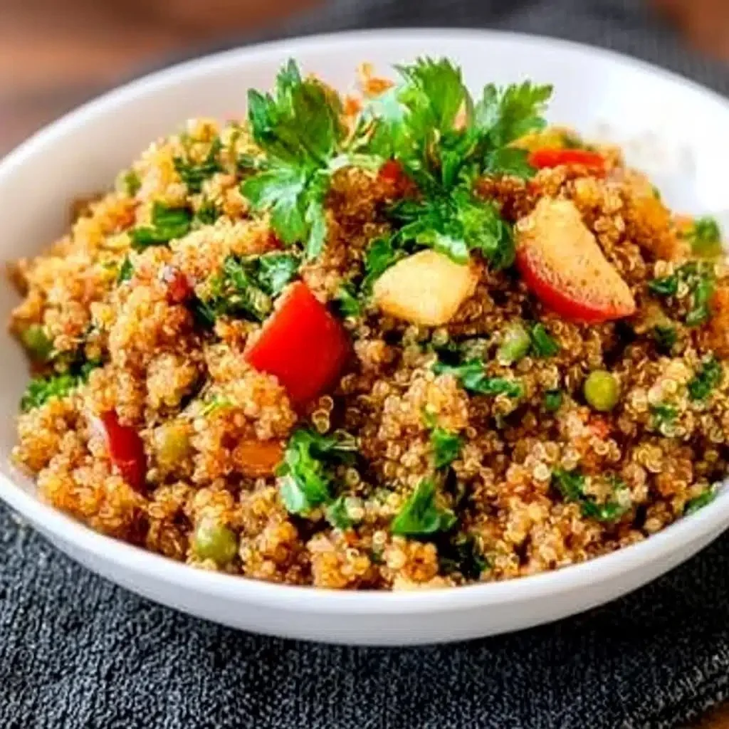 Bowl of spicy Cajun Quinoa Pilaf, a healthy plant-based Southern dish