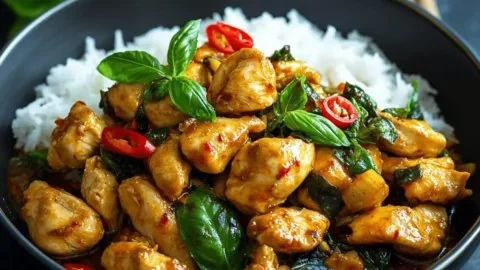 Plate of Spicy Thai Basil Chicken with fresh basil leaves and peppers.
