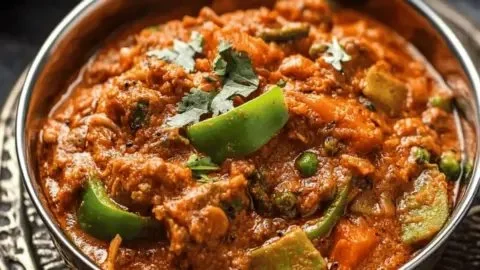 Spicy Veg Kolhapuri served in a bowl with fresh herbs and spices.