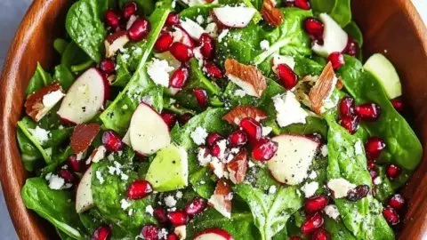 Colorful Spinach Pomegranate Salad in a bowl, topped with nuts and dressing