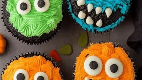 Spooky Halloween Monster Cupcakes decorated for a fun family baking experience
