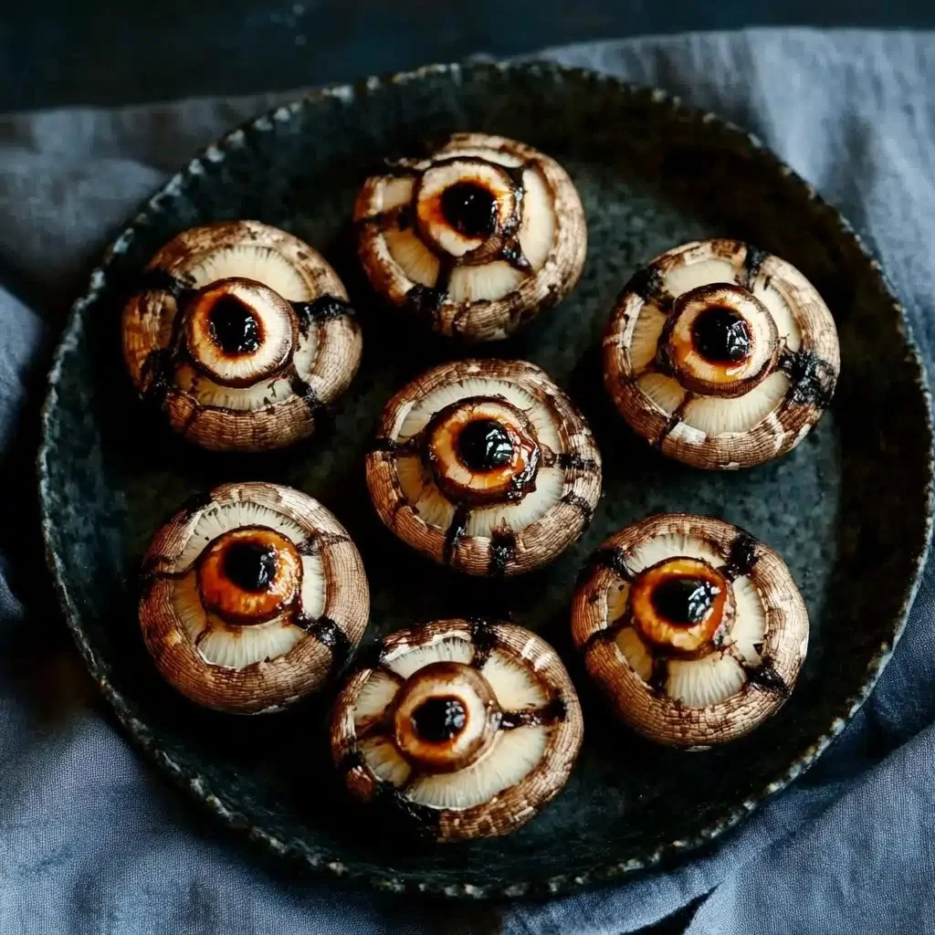 Spooky stuffed mushroom eyeballs served on a Halloween platter