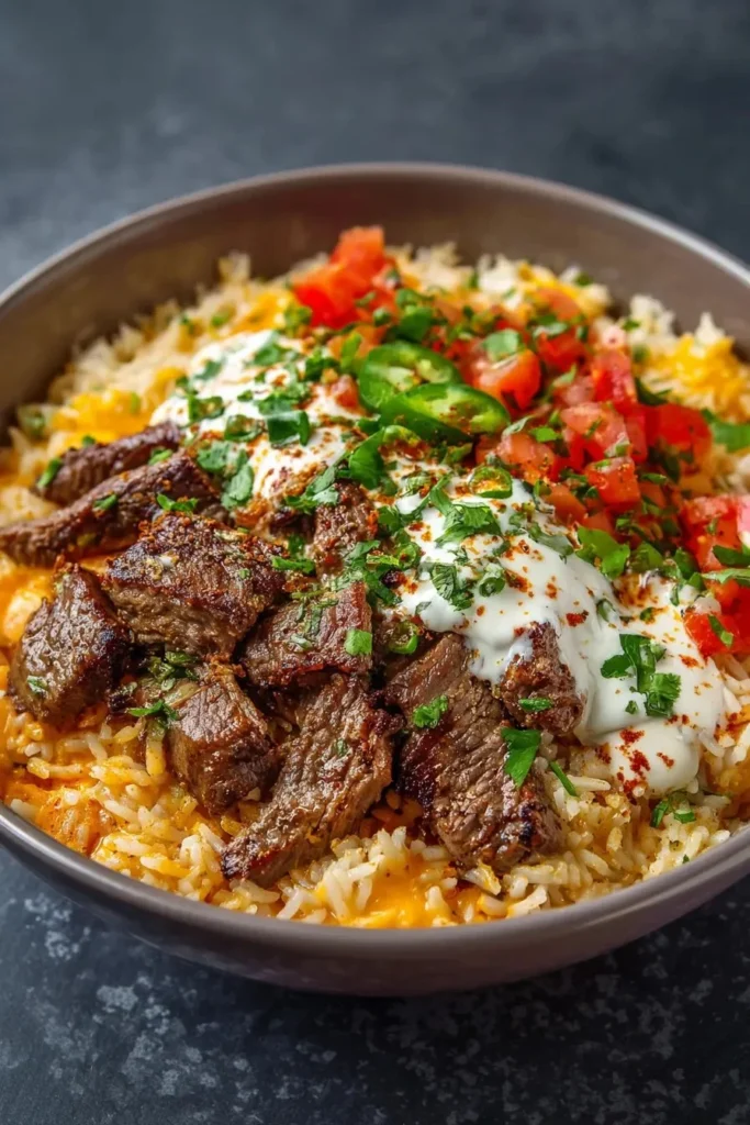 Delicious Steak Queso Rice Delight served in a bowl