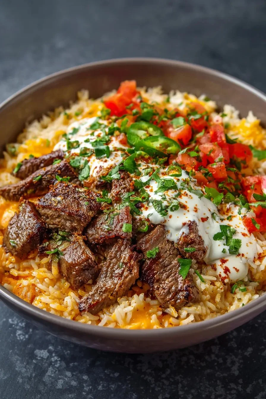 Delicious Steak Queso Rice Delight served in a bowl