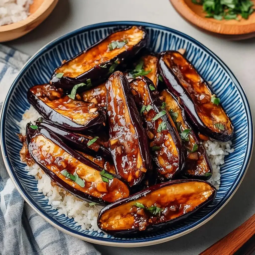 Delicious sticky garlic eggplant dish, showcasing roasted eggplant and flavorful garlic.