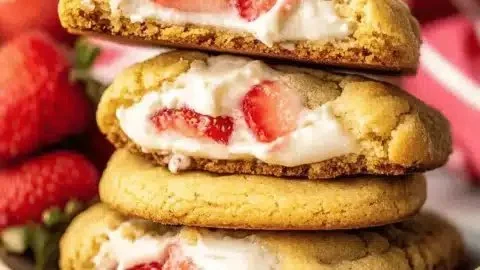 Plate of homemade Strawberry Cheesecake Cookies topped with fresh strawberries.