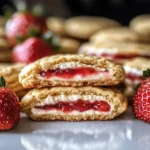 Delicious strawberry cheesecake cookies with jam filling on a plate