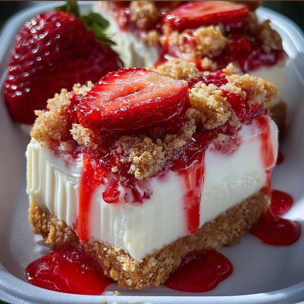 Strawberry crunch cheesecake chunks with a creamy texture and crunchy crust