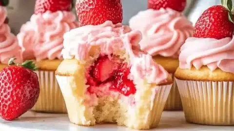 Strawberry cupcakes topped with creamy frosting, ideal for dessert lovers.