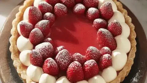 Delicious strawberry custard tart topped with fresh strawberries and creamy custard.