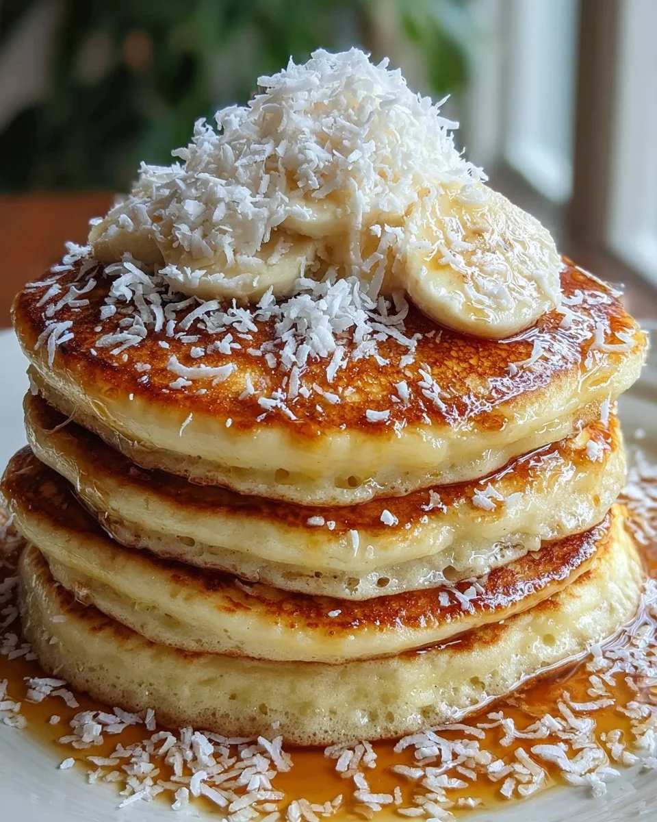 Delicious sweet coconut cream pancakes topped with fresh fruit