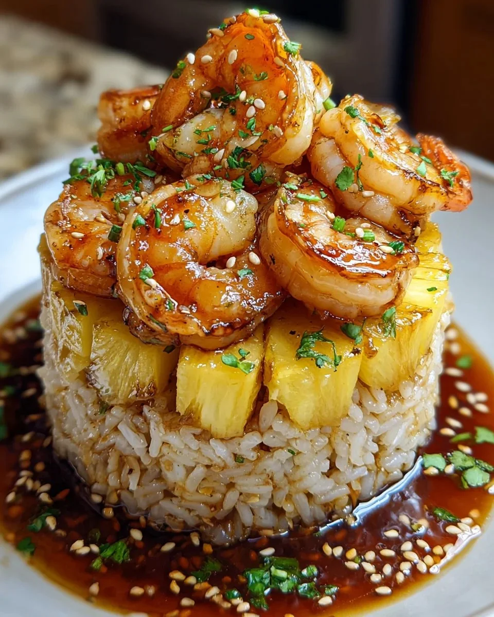Teriyaki shrimp served with pineapple rice stack for a delicious meal