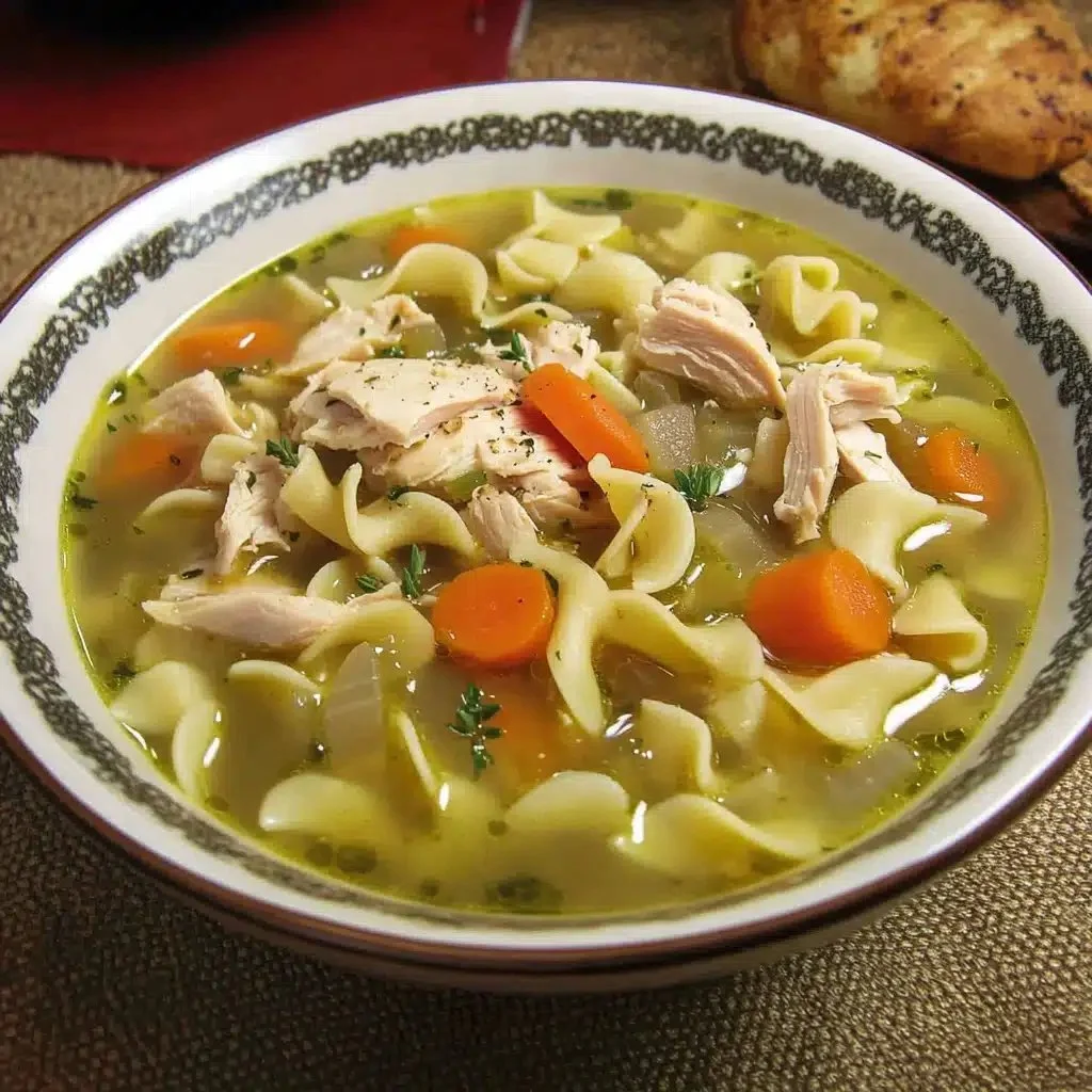 Delicious bowl of rotisserie chicken noodle soup garnished with herbs.