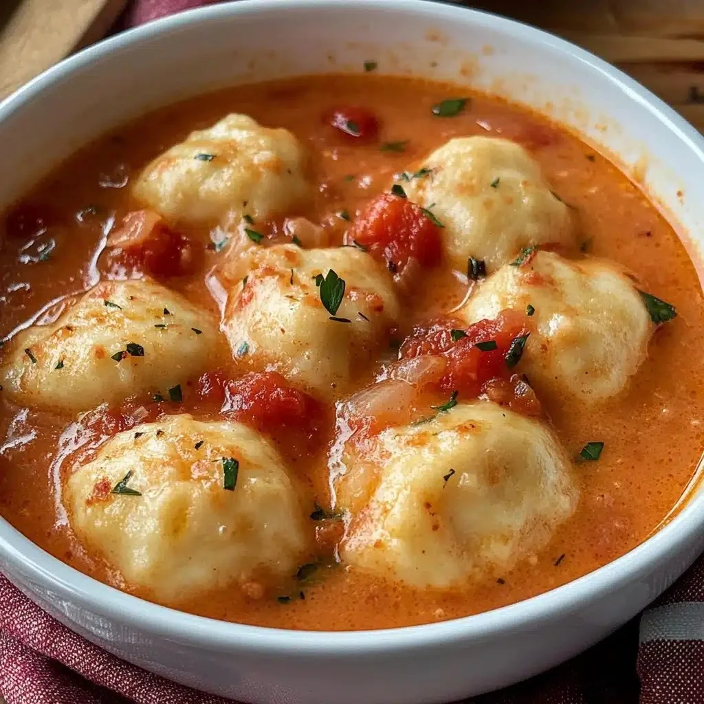 Tomato soup served with Cheddar Bay dumplings, a comforting dish for any occasion.