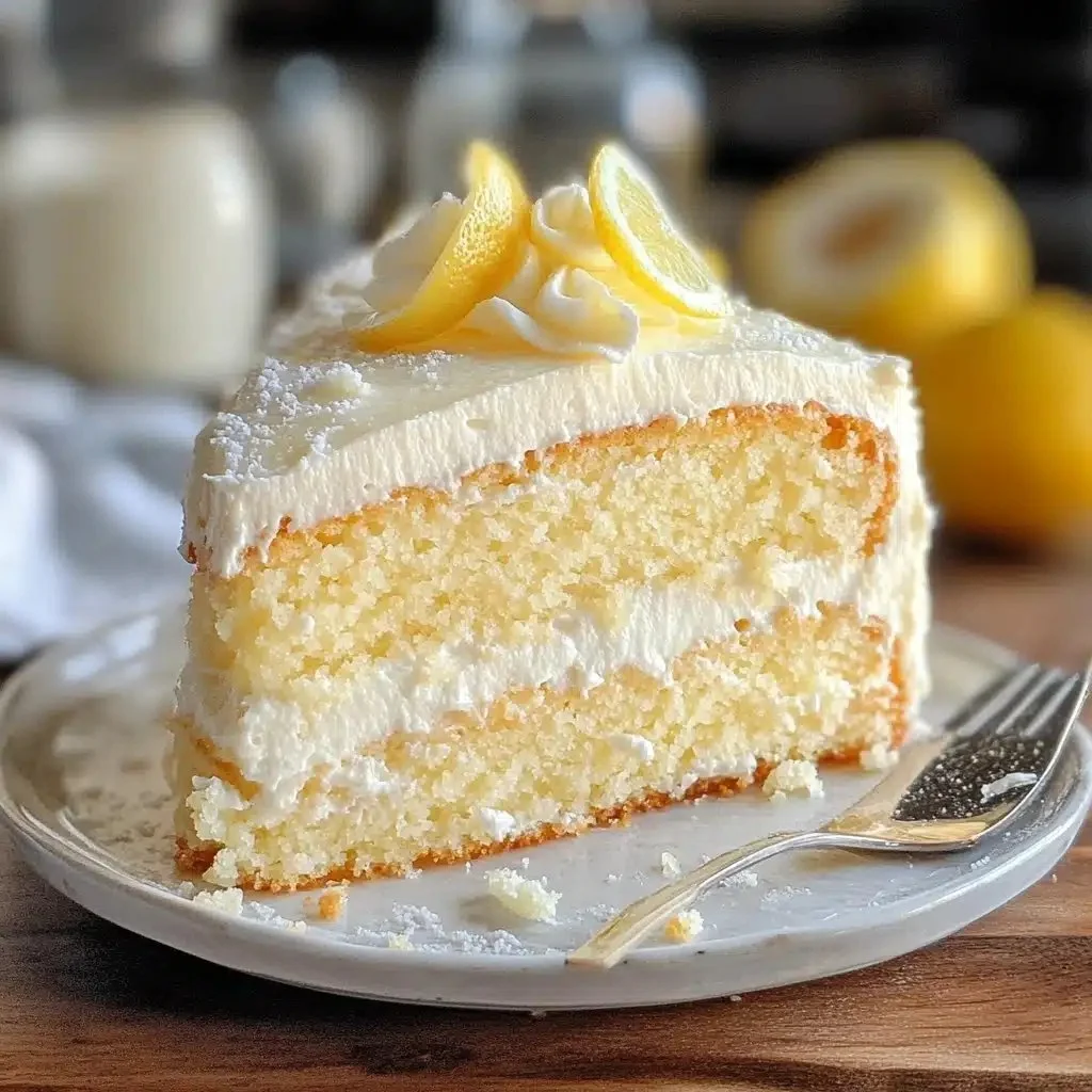 Slice of delicious Italian Lemon Cream Cake on a plate with lemon slices