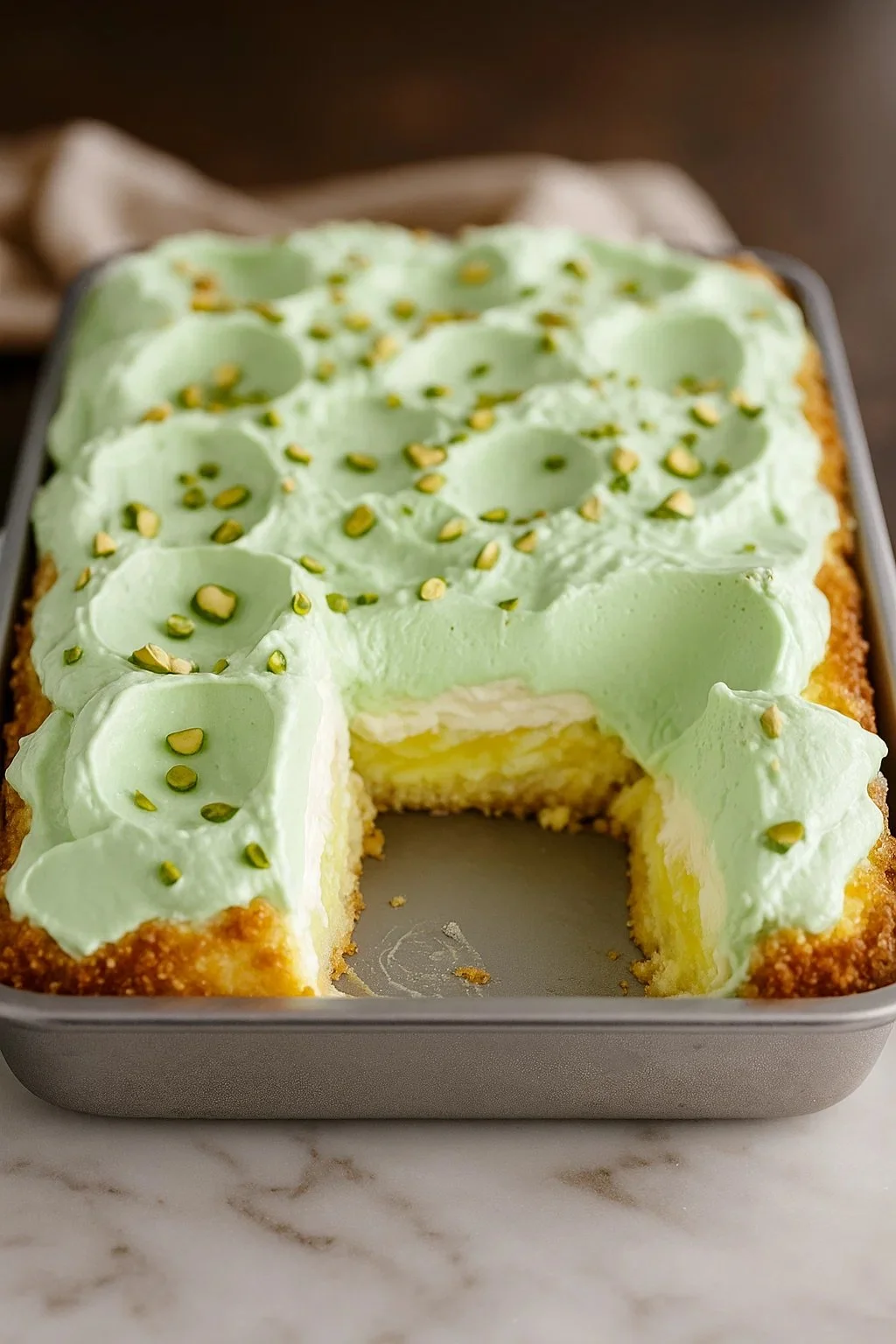 Tropical Pistachio Bliss Cake topped with coconut and fresh tropical fruits