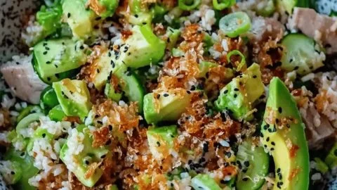 Fresh Tuna Avocado Salad served on crispy rice for a tasty family meal.