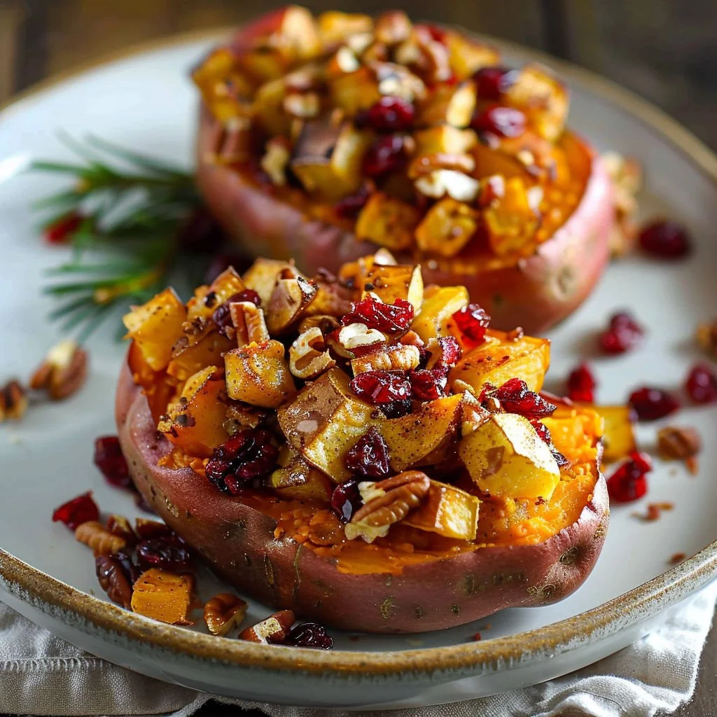 Twice-Baked Sweet Potatoes topped with spiced apples and cranberries
