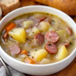 Bowl of creamy Kielbasa Potato Soup garnished with herbs and served with bread