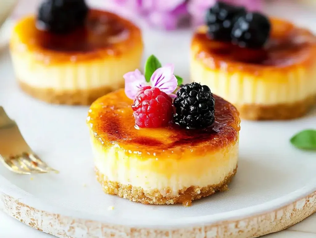 Vanilla bean crème brûlée cheesecake cupcakes topped with caramelized sugar.